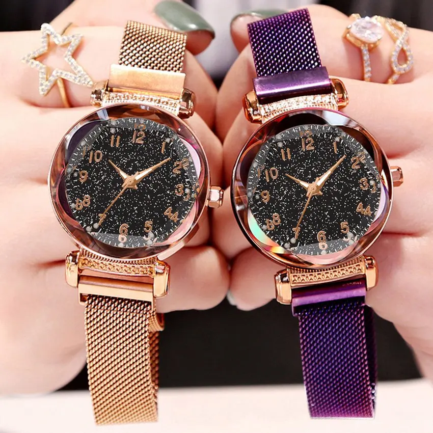 
Fashion Women Watches Luminous Luxury Elegant Magnet Buckle Ladies Wristwatch Rose Gold New Starry Sky Rhinestone Clock Relogio 