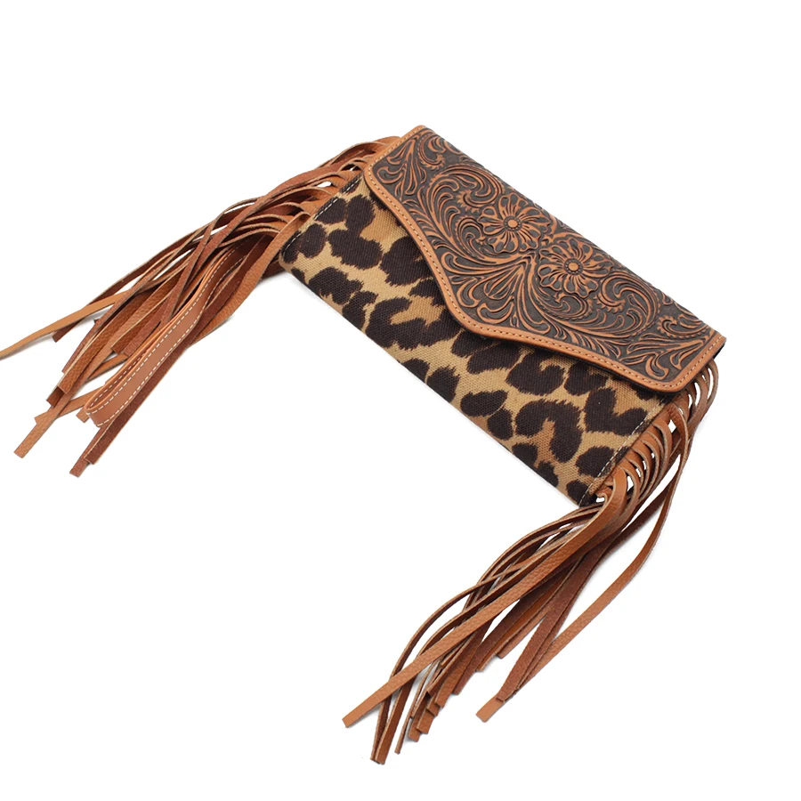 Factory custom western cowgirl  leather trifold wallet embossed retro Leopard print long wallet with wrist strap