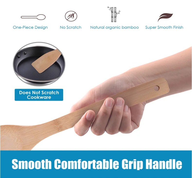 Bamboo Kitchen Utensils with Holder, Wooden Spatulas and Cookware Set, Bamboo Spoons for Cooking