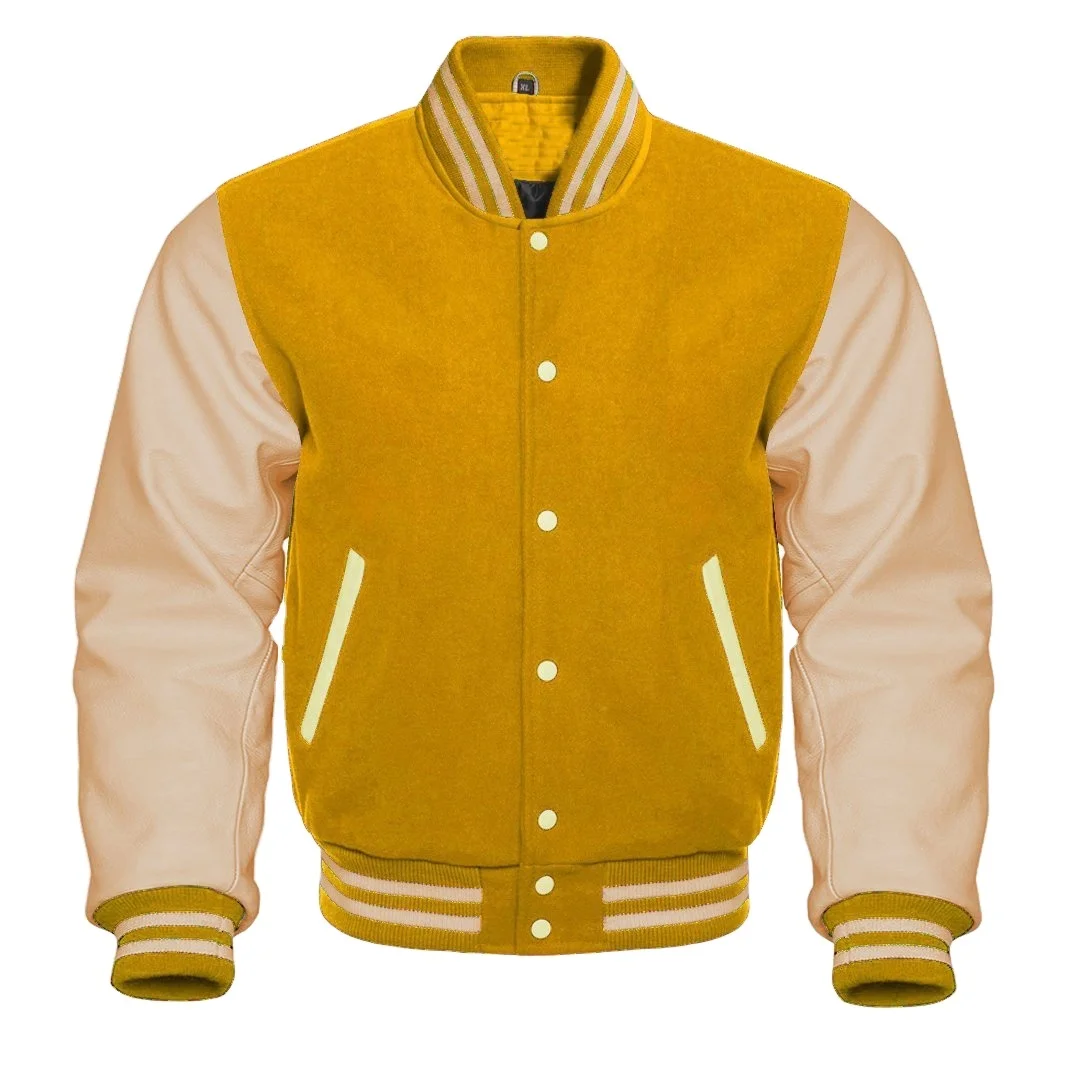 Varsity Letterman Yellow Wool Genuine Leather Sleeves Jacket Vintage Plus Size Winter Jacket