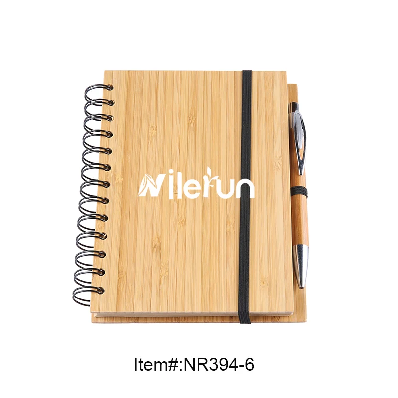 office supplies bamboo hard cover spiral drawing kraft paper notebook sketchbook with pen