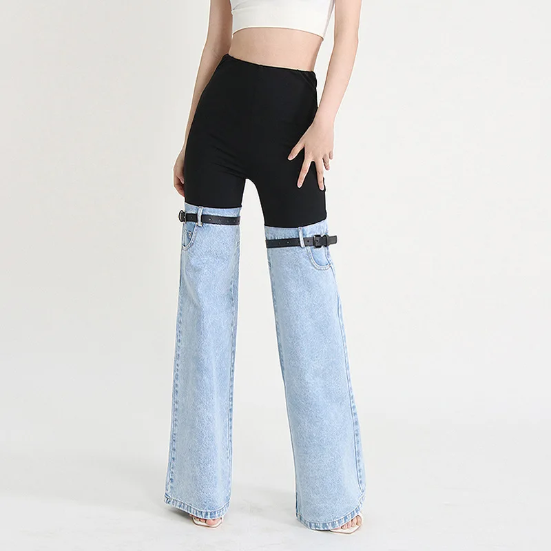 European American street trendy jeans 2024 new style elastic waist design personalized splicing straight wide leg casual pants