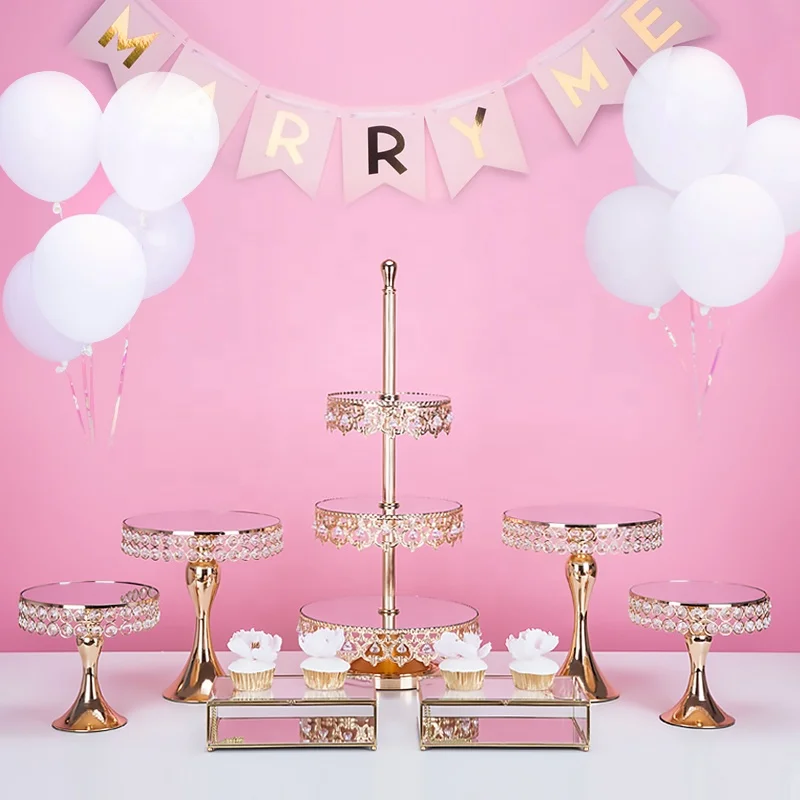 Золотой металлический подвесной свадебный торт украшения стенд для выпечки кексов с украшением в виде кристаллов 3 слоя 2 Многоуровневое Зеркало Подставка для свадебного торта комплект с бусами