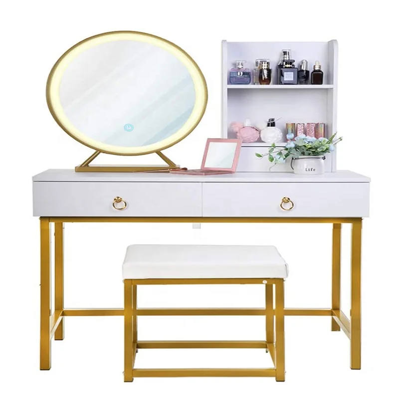 Cheap wood dresser design dressing table modern mirror designs for bedroom glass dressing table and stool with gold metal frame
