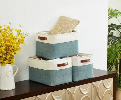 Wholesale foldable bag canvas woven baby storage box laundry hamper basket  with handle
