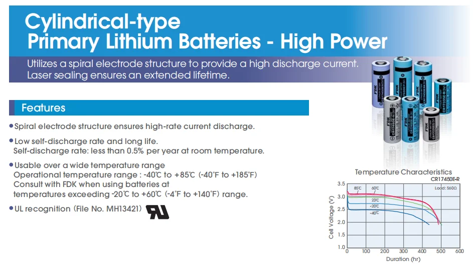 Original FDK 3V 2400mAh lithium battery CR17450E-R for safety device smoke sensor
