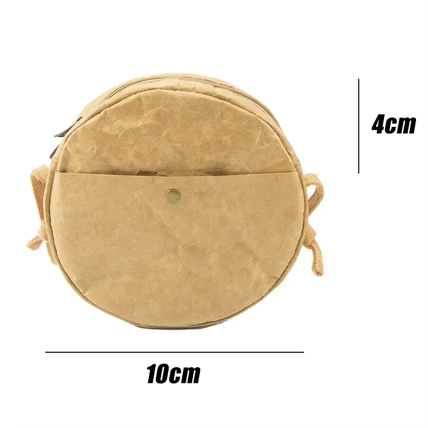 Small Size Tyvek Paper Brown Paper Mini Durable Tote Bag Round Wallet With Pocket Button Zipper for Travel Shopping School Work