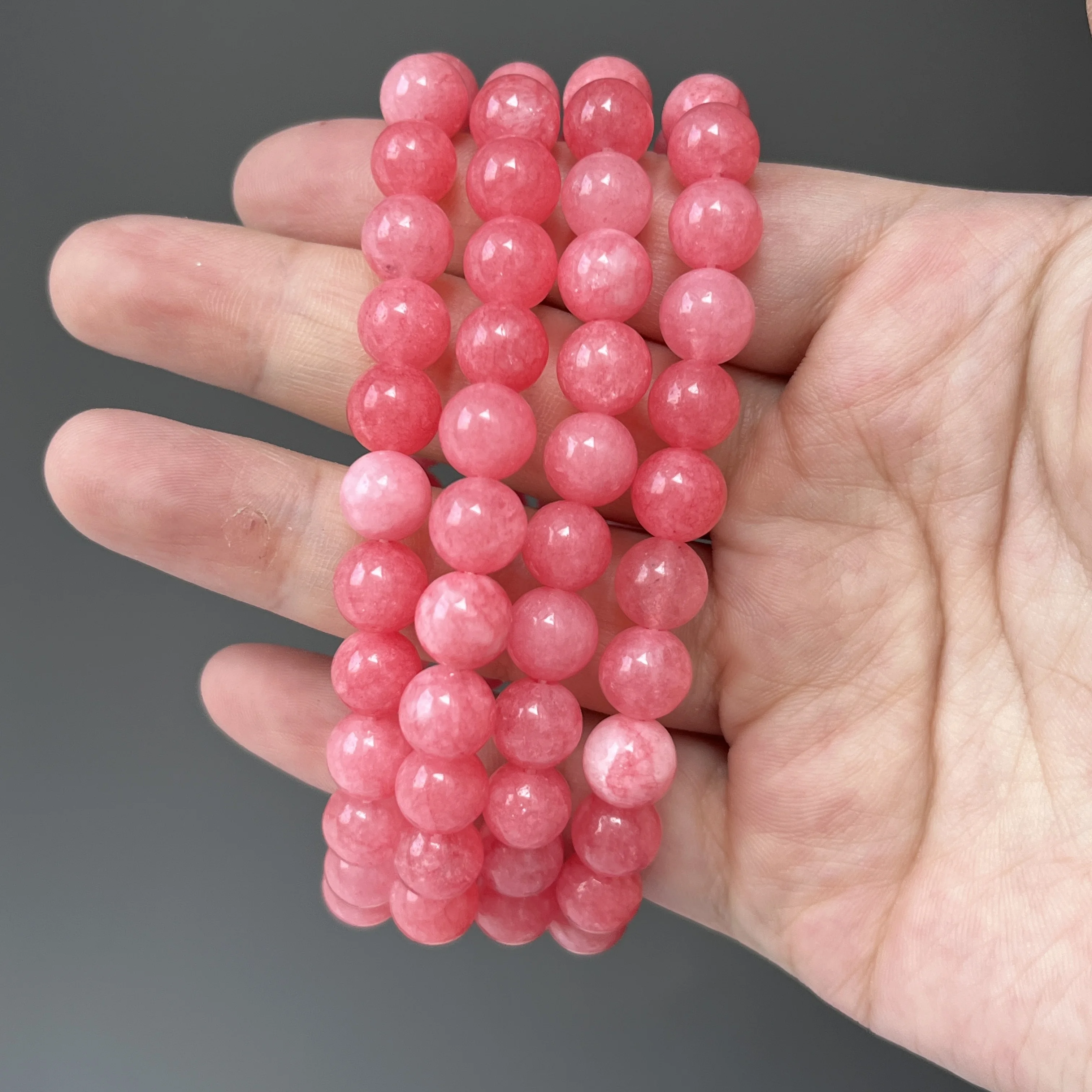 Rose Pink Color Jade Natural Stone Quartz Healing Crystal Stretch Beaded Bracelet Wealth Money Lucky Jewelry Men Women Gift