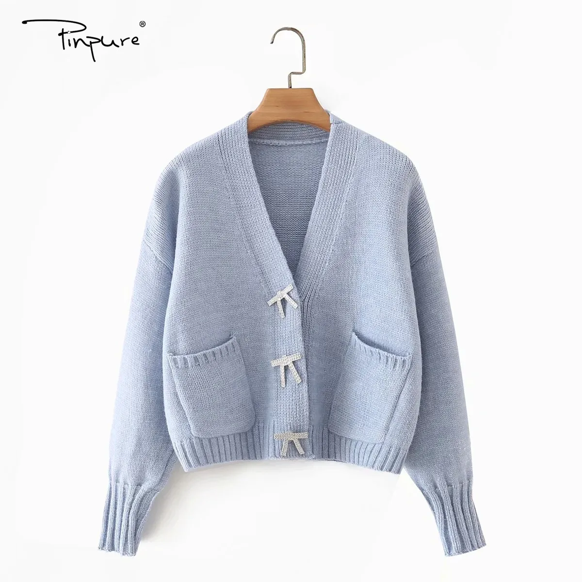 R40615S european early autumn new product bowknot buttoned cardigan v-neck single-breasted long-sleeved sweater jacket