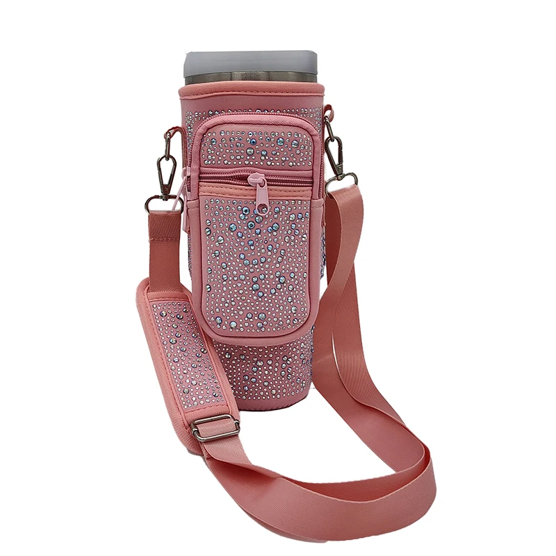 BESTELLA 40OZ Water Bottle Bag Soft Adjustable Strap Neoprene Material Bling Rhinestone Tumbler Cup Crossbody Shoulder Bag Cans