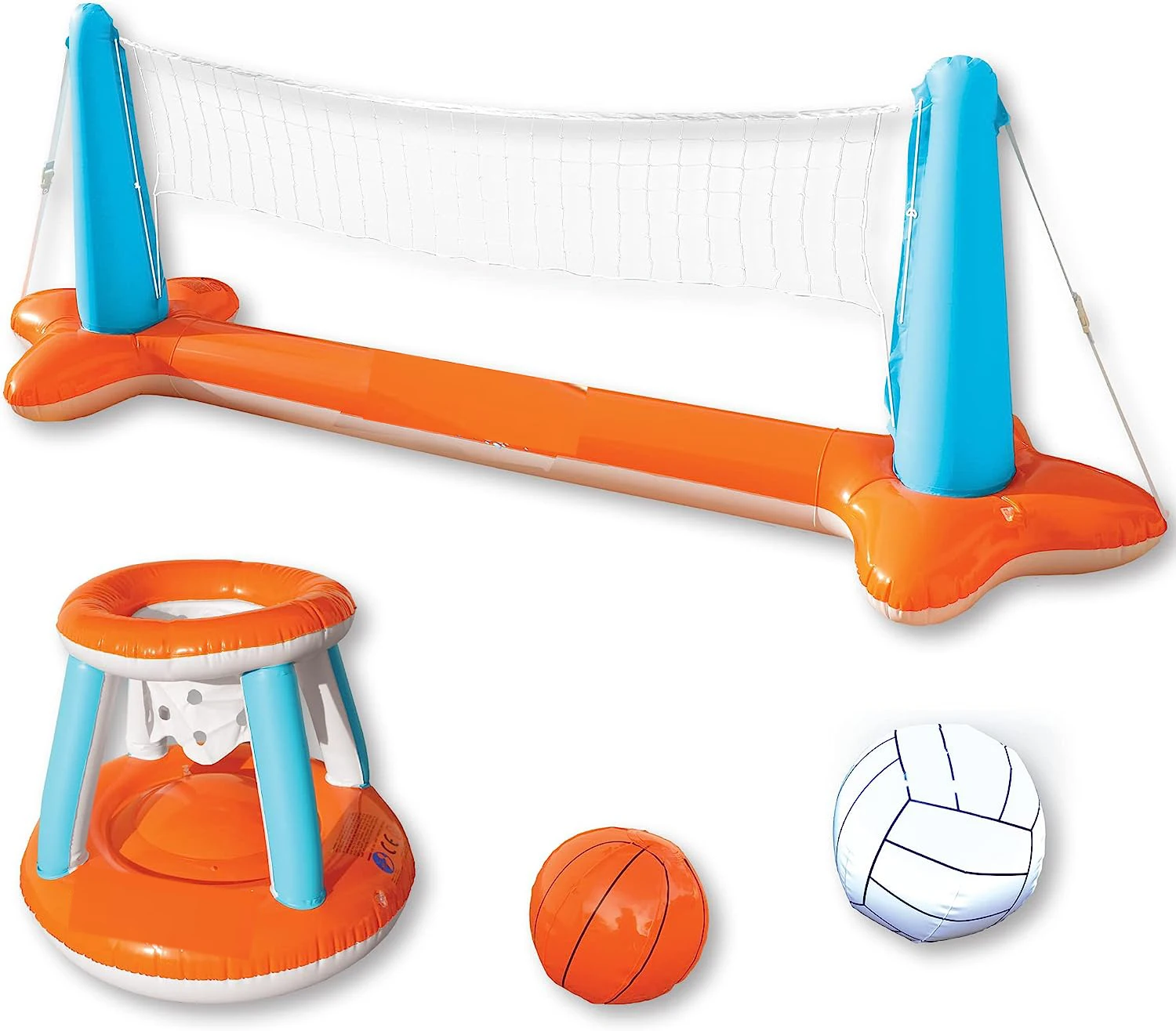COMCO Inflatable Volleyball Pool Float Set Volleyball Net & Basketball Hoops, Floating Swimming Game Toy for Kids and Adults