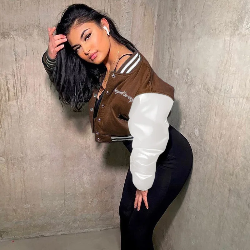 Women Crop Short Coats Autumn Winter Fashion Streetwear Oversize Crop Tops Leather Patchwork Baseball Women Coats Jactets