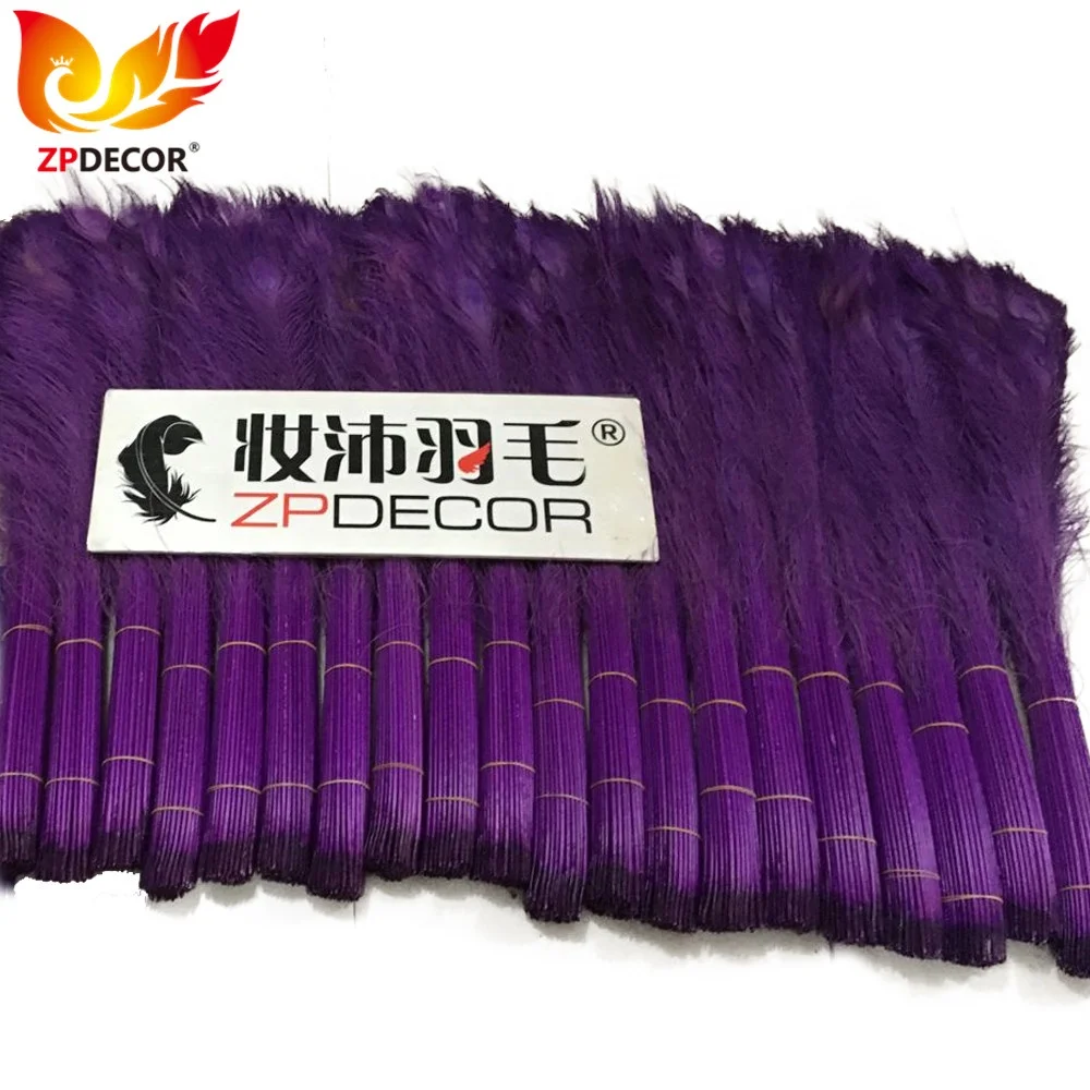 Real Shipping Picture from ZPDECOR Wholesale Bleached Dyed Purple Long Peacock Tail Feathers for Samba Carnival Costume