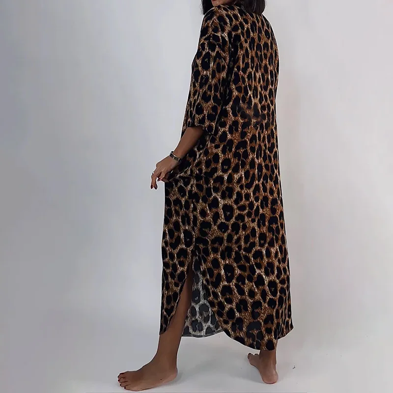 Wholesale Modest belted print floral long dress with long sleeves dress stand collar leopard pattern clothing