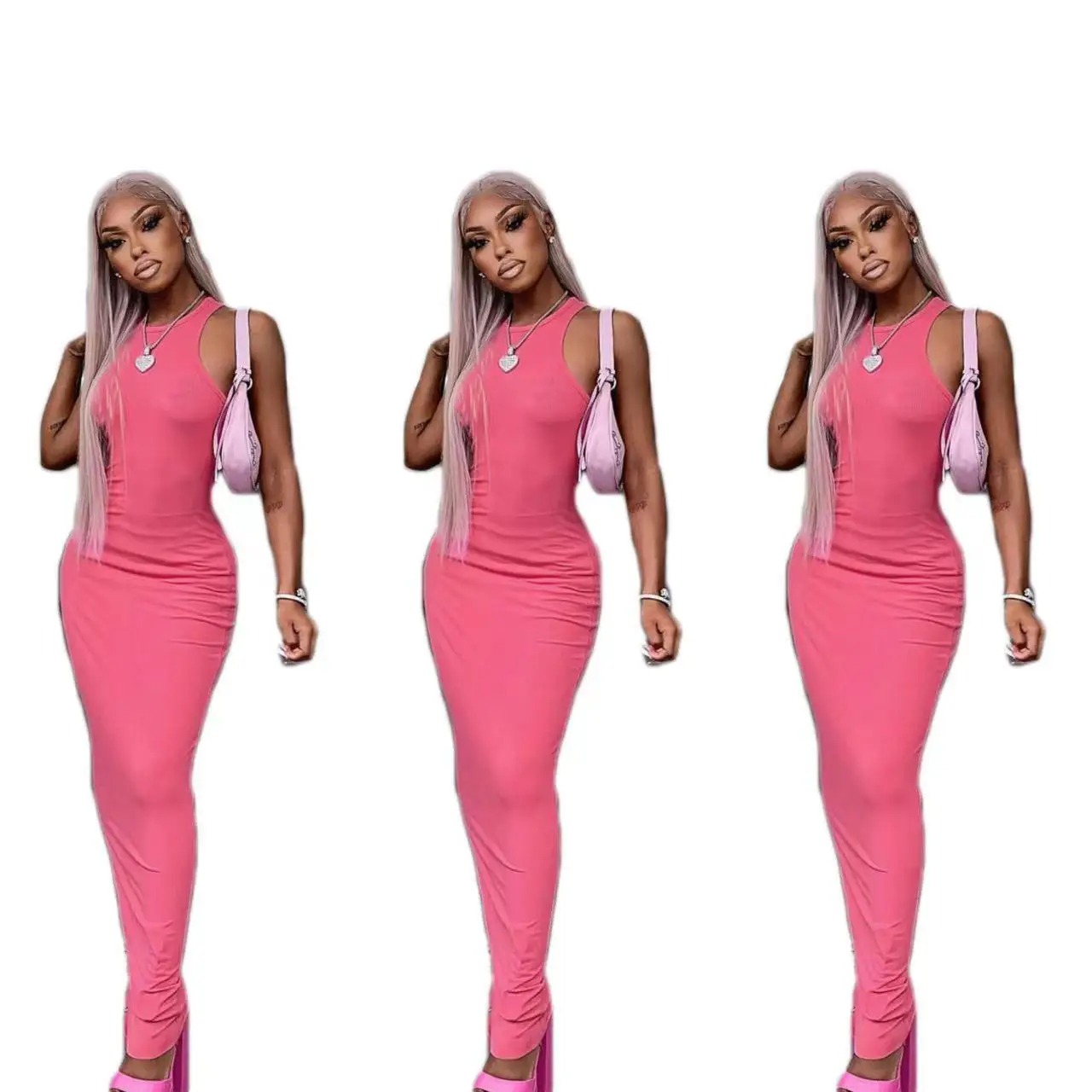 summer polyester spandex sleeveless long modest maxi dress ladies 2023 back split party lounge wear dress for women s clothing