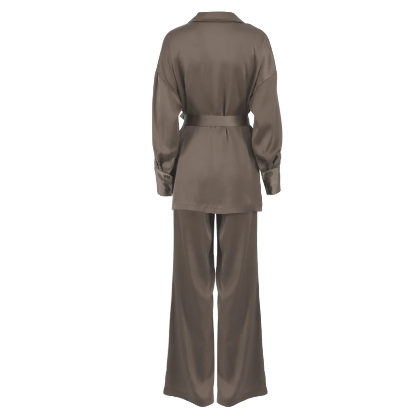 OOTN Lace-Up Long Sleeve Shirts High Waist Trouser Suit Fashion Notched Collar Vintage Satin Wide Leg Pants Set Woman 2 Pieces