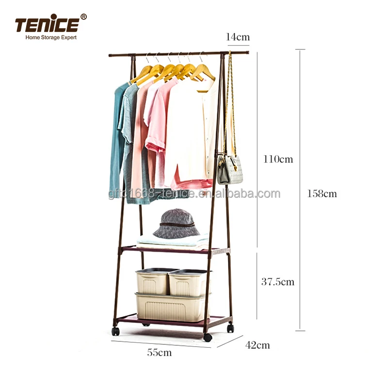Tenice Small Clothing Rack with Shelves and Wheels, Hanging Clothes Laundry Hanging Rack Rolling Coat Rack, for Bedroom, Laundry