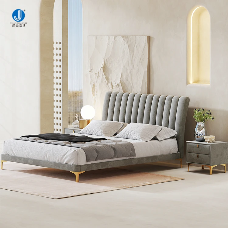 High End Bedroom Furniture Master Room Fabric Headboard Wooden Frame Stainless Steel Base Queen Size Double Bed