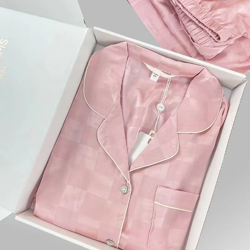Cheap Two Pieces Silk Satin Long Sleeves Pajamas Set Jacquard Ice Silk Home Wear Clothing Fashion 2pcs Sleepwear for Women