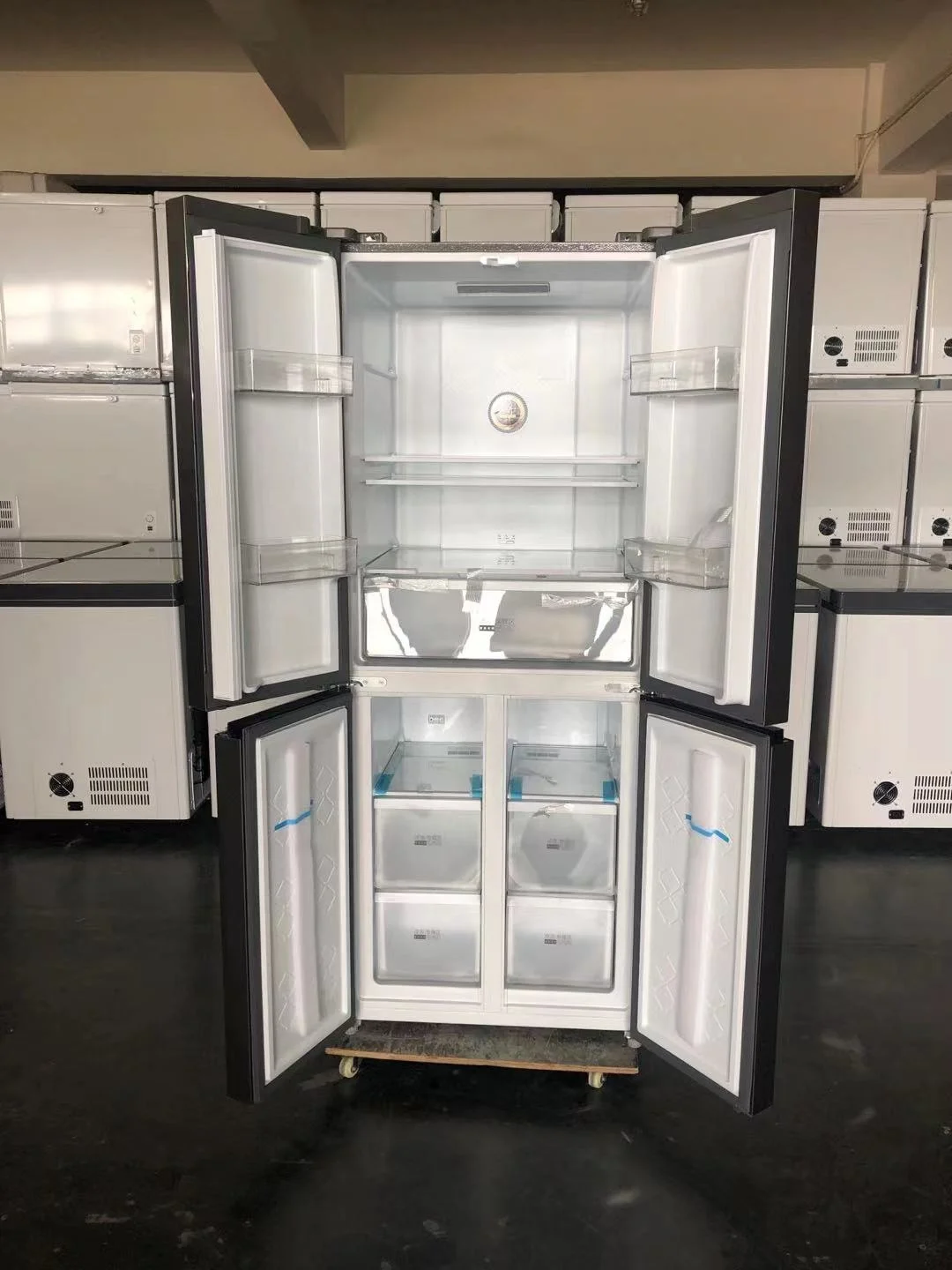 Four door luxury solar dc home refrigerator -BCD-418 stainless steel french style food refreshness cooling for vegetables,fish