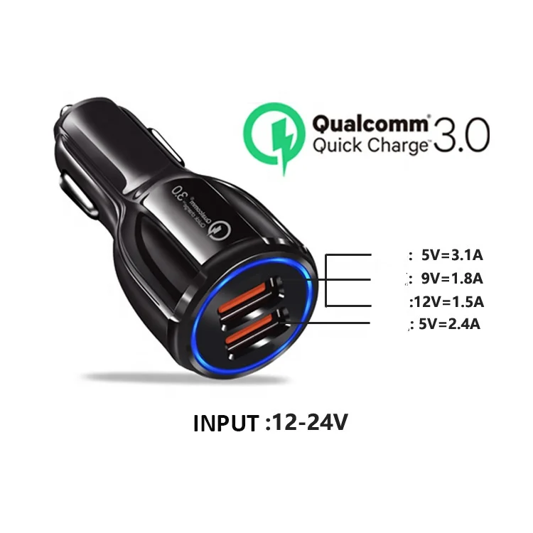 Vnew Hot sell 3.1A fast charging QC3.0 2 Port car Charger Mobile Phone Charger dual port usb car charger