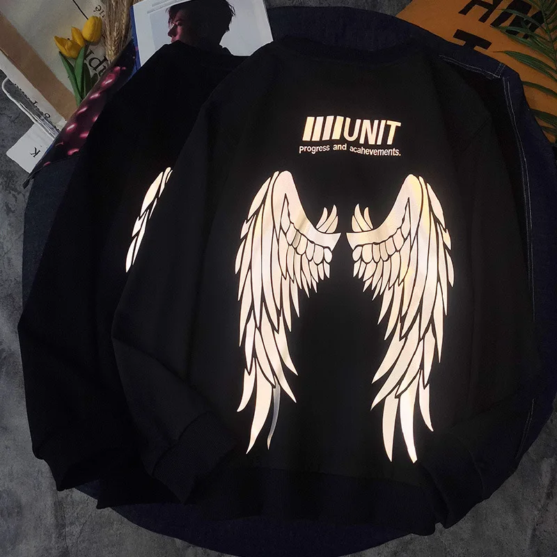 New Angel Wing Print Glow In The Dark Reflective Hoodies For Men Streetwear Zip Up Hoodie Fashion Oversized Sport Wear