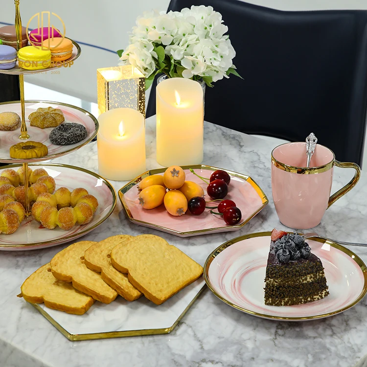 Nordic Unique gold rimmed porcelain plate marble dinnerware set round Western Ceramic cheap plates