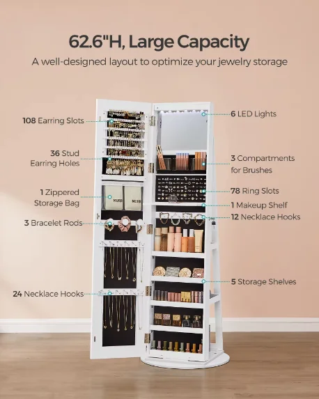 360 Degree Rotatable Jewelry Armoire with Storage Shelves Jewelry Cabinet with Full Length LED Mirror