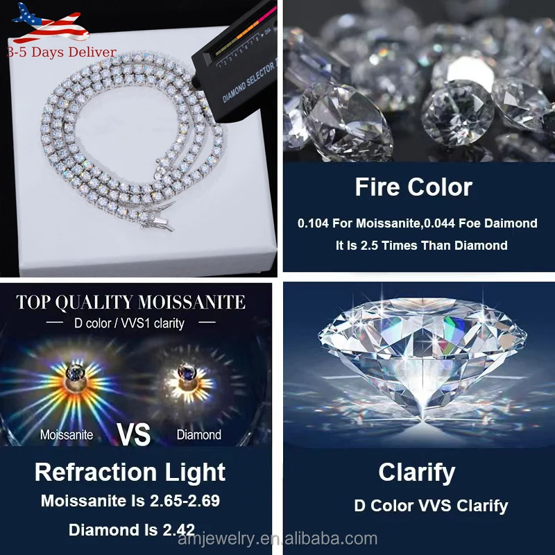 In Stock With Certificate Iced out Jewelry 925 Silver 3mm 4mm 5mm VVS Diamond Moissanite Tennis Chain Necklace Bracelet