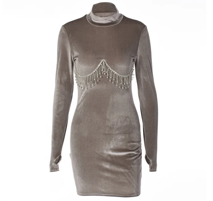 New Velvet Turtleneck Long-sleeved Bodycon Ladies Mini Dresses Diamonds Tassel Body Con Women Party Dress