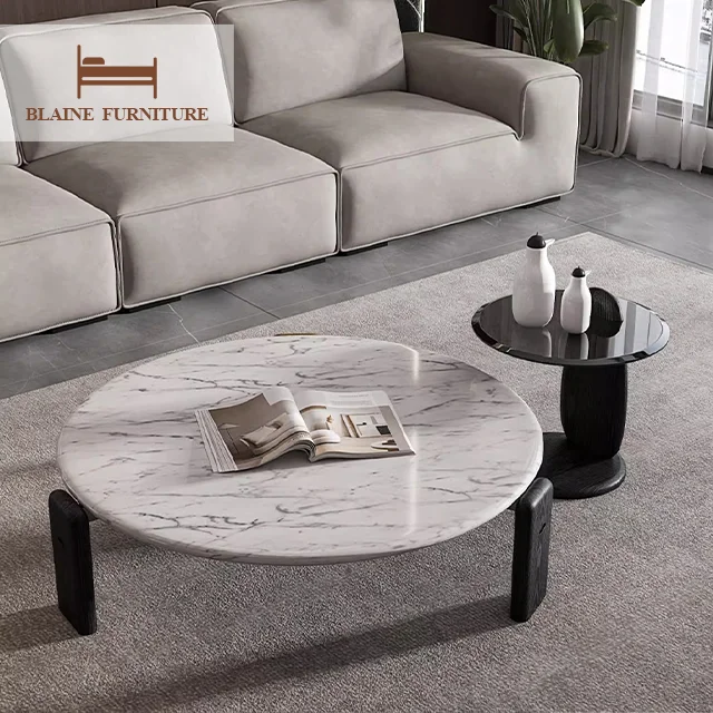 New Design Living Room Furniture Black Glass Fashion Modern Round Coffee Table With Ash Solid Wood Base Coffee Table
