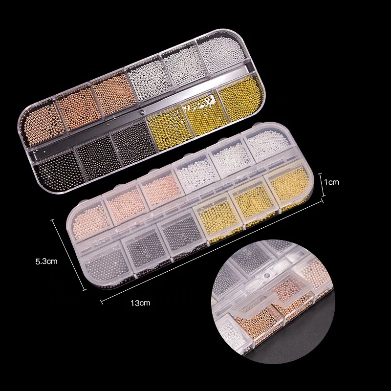 
12 Grid Mixed Colors Steel Beads Ball For Nail Art Decoration Boxes Set 3D Nail Salon Decor DIY Accessories Manicure Tools 