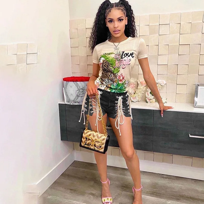 summer new style hot girls wear corns bound jeans women high-waisted sexy slim shorts bandage  jeans