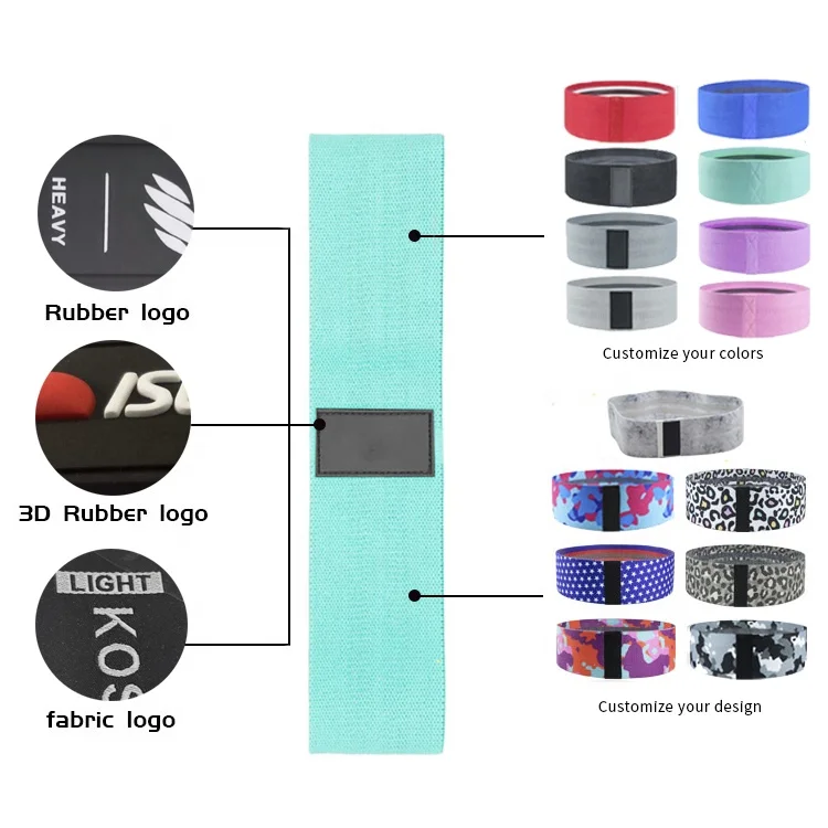 Customized logo stretch yoga sports exercise band fabric resistance band and booty bands of 3 levels