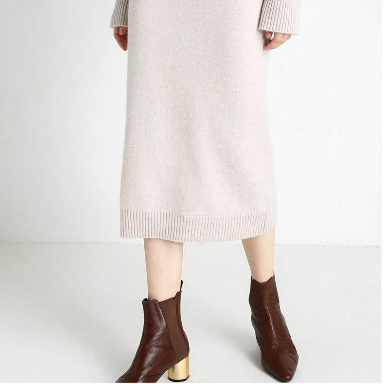 2023 Custom LOGO OEM ODM cashmere knit dress turtleneck fashion cashmere set womens knitwear cashmere sweater dress suits