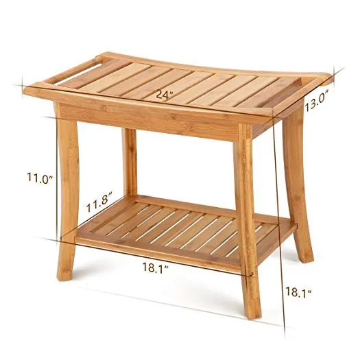 Bamboo Shower Bench Shower Chair Spa Bath Seat Stool Wood Spa Bench with Storage Shelf
