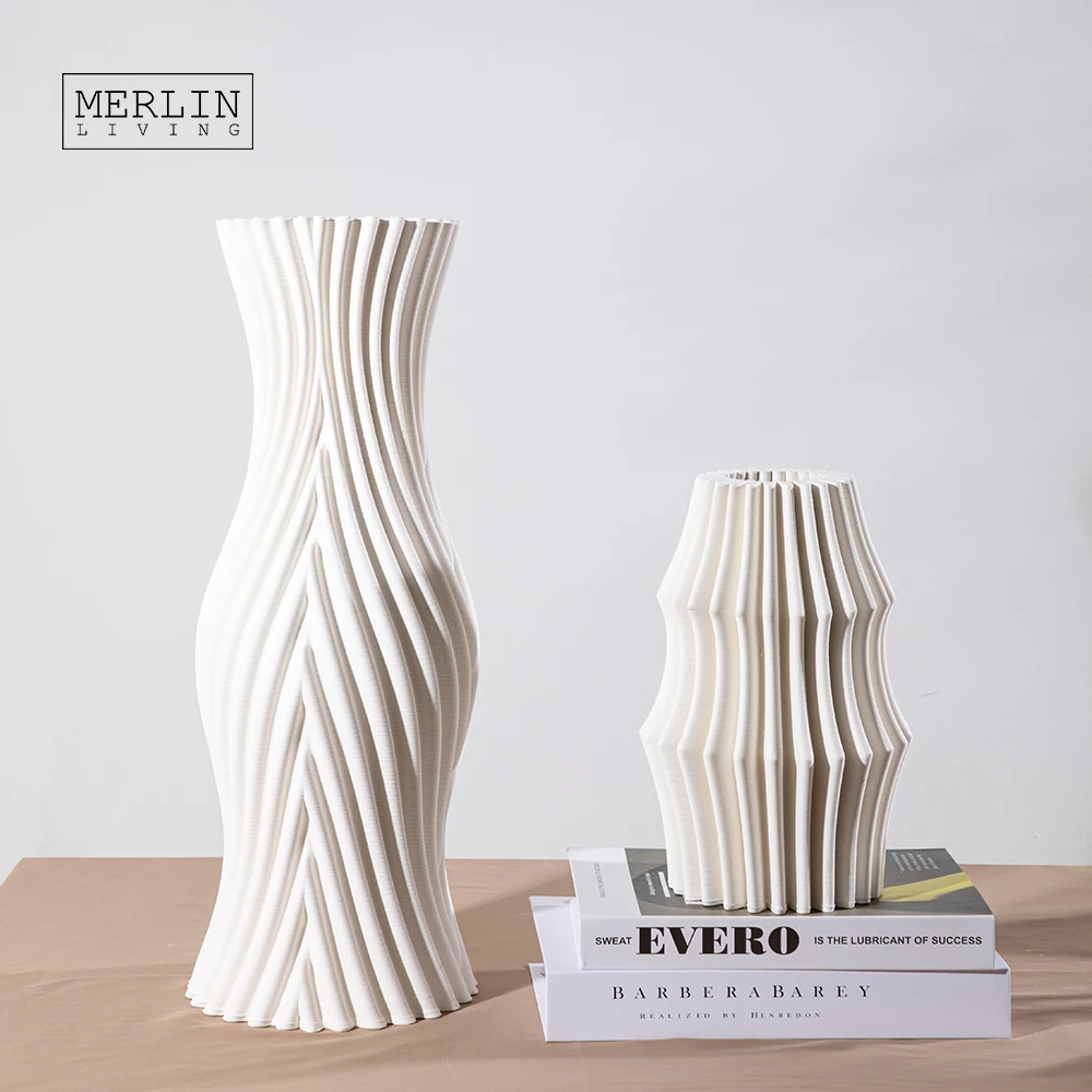 Merlin Living 3D Printing Vase Modern Creative Corrugated Ceramic Vase Design  For Home Decor Chaozhou Ceramic Factory Custom