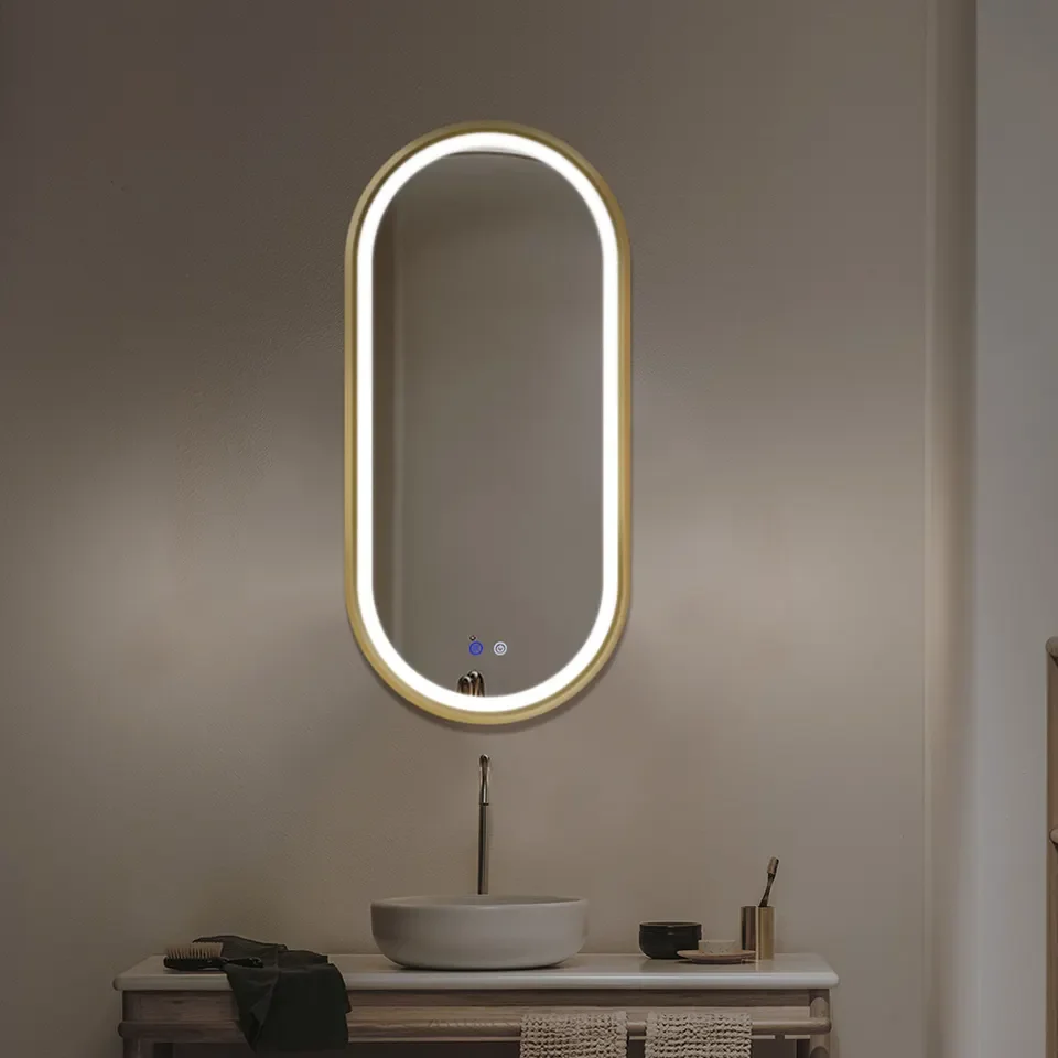 Decorative Led Vanity Wall Mirror Led Smart Metal Framed Bathroom Mirror Anti Fog Touch Screen Mirror For Hotel