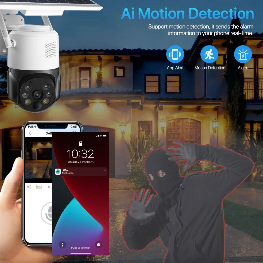 PTZ Solar IP Camera WiFi Dome Camera Solar Panel LTE Cloud SD Card Monitor Outdoor Security Smart LED Alarm