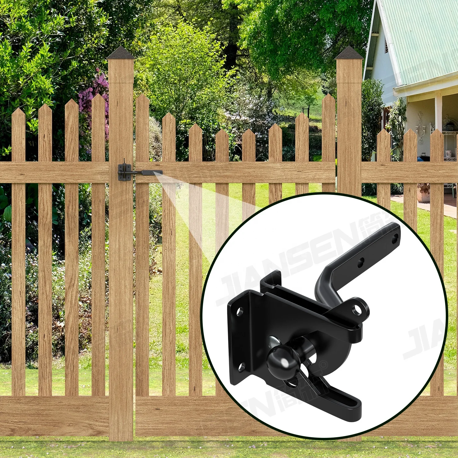 Customized Heavy Duty Black Powder Coated Self-locking Gate Latch Automatic Gravity Lever Latch For Wooden Fence Post