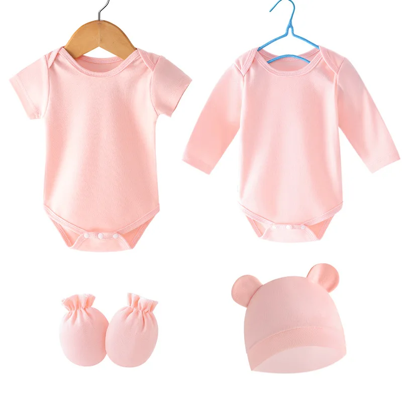 Wholesale Newborn   0-6M  Short/Long Sleeved Rompers+Infant Gloves+Toddler Caps Solid Colored Clothes  4pcs Sets for Baby
