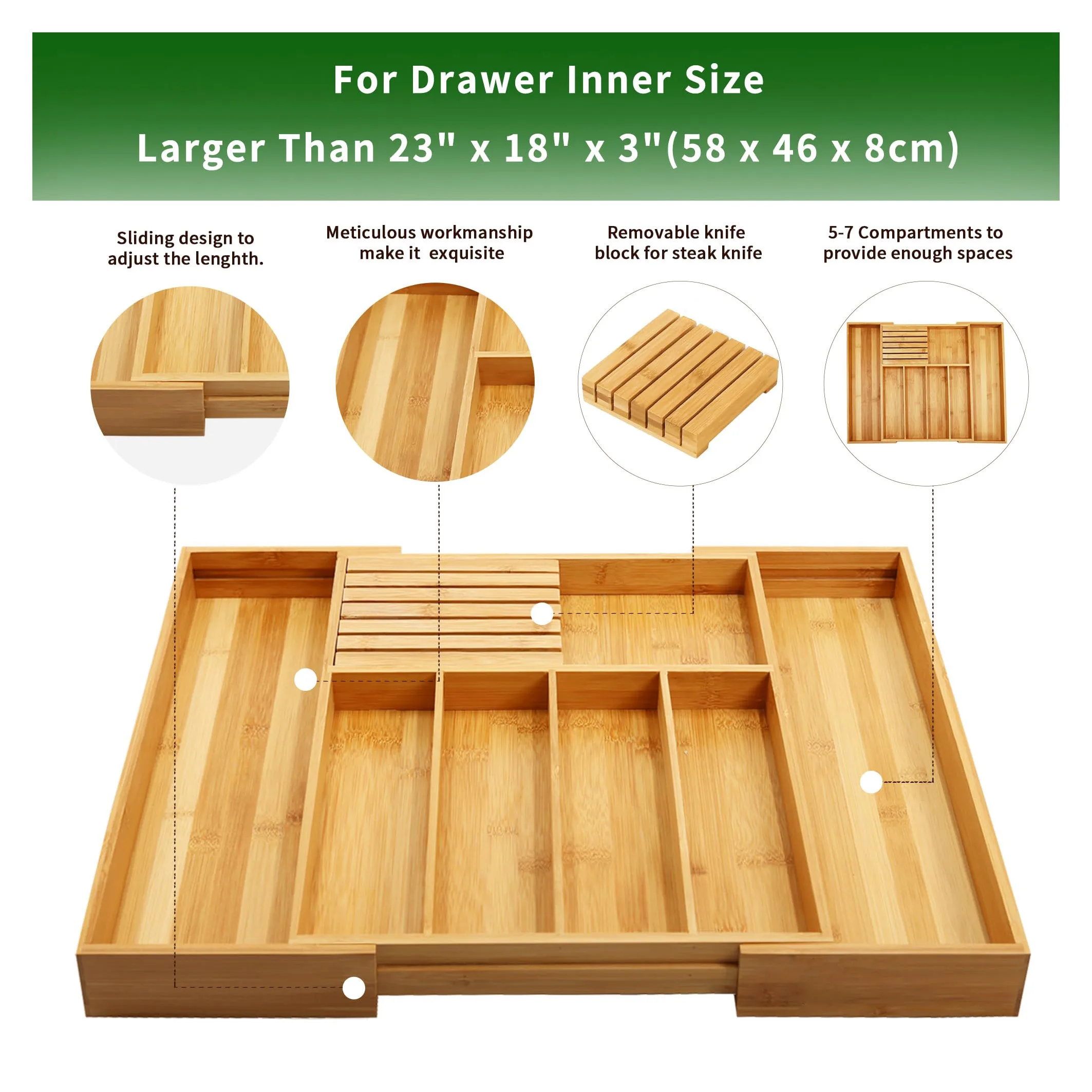 Bamboo Silverware Drawer Organizer with Knife Block Expandable Wooden Cutlery Tray Kitchen Utensil Organizer with Drawer Divide