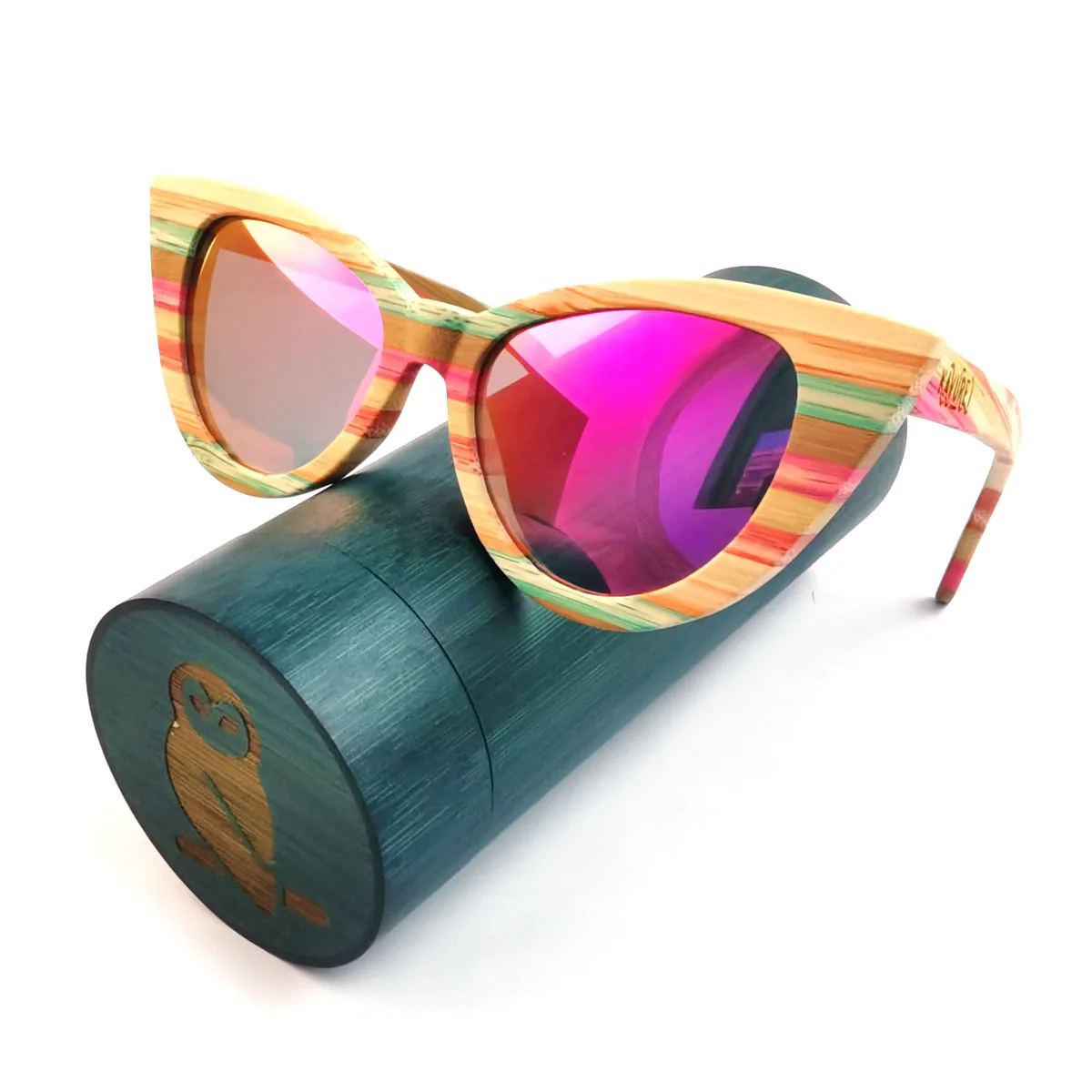 Fashion cat eye style mirror polarized lenses colorful wood sunglasses for women with gift bamboo cases