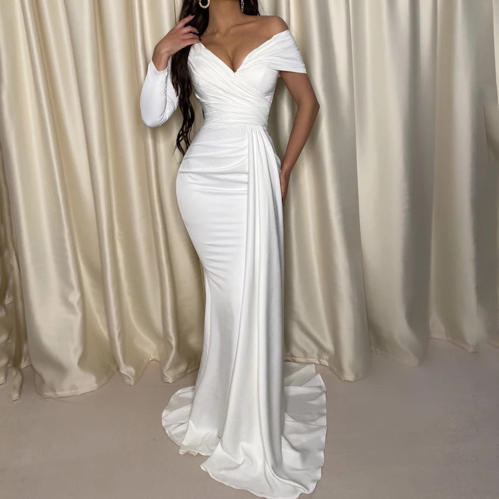 One Sleeve Pleated  Floor Length White Evening Dress Bridesmaids Party Prom Gown With Ribbon for Women