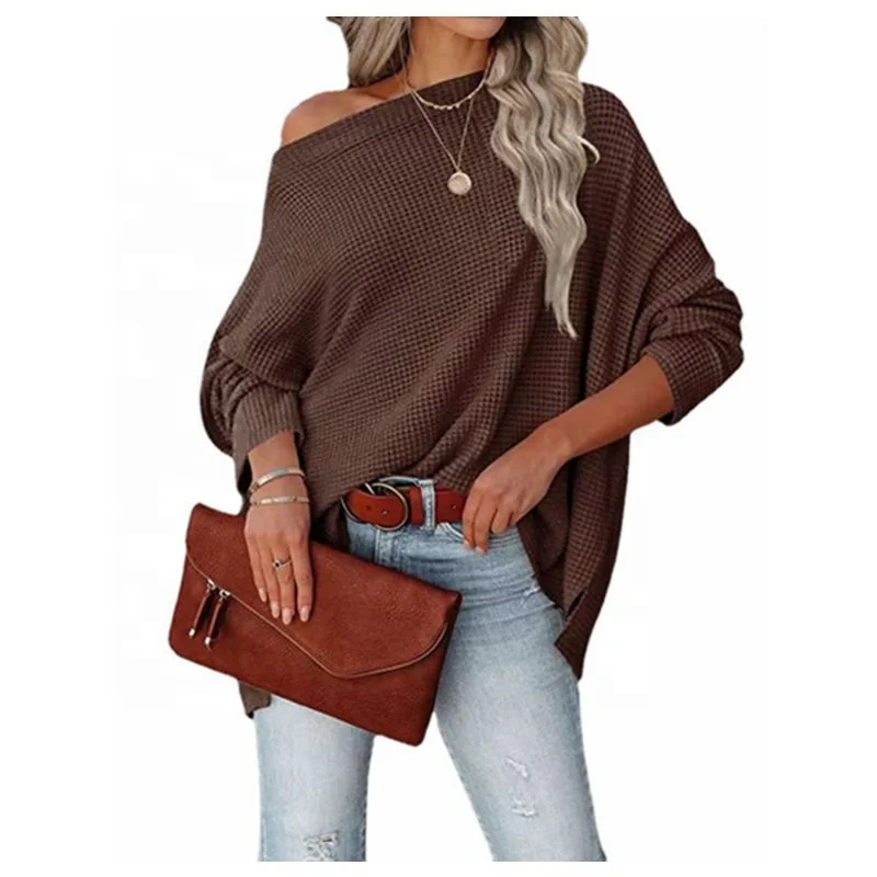 Оптовая продажа, Женский Повседневный осенне-зимний вязаный Свитер оверсайз с вафельным переплетением, женский свободный свитер с рукавами летучая мышь