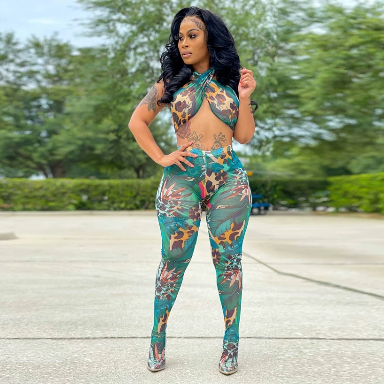
Sexy Mesh Two-Piece Women Set See-Through Printed Sleeveless Crop Taps Lace-Up Skinny Pants Casual Sportswear Suit 