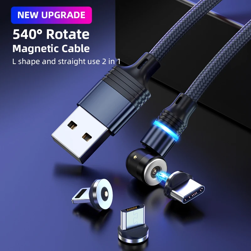 2023 Free samples USB cable type c 3in1 magnet heads bending 540 degree rotate cable adapter charging cable