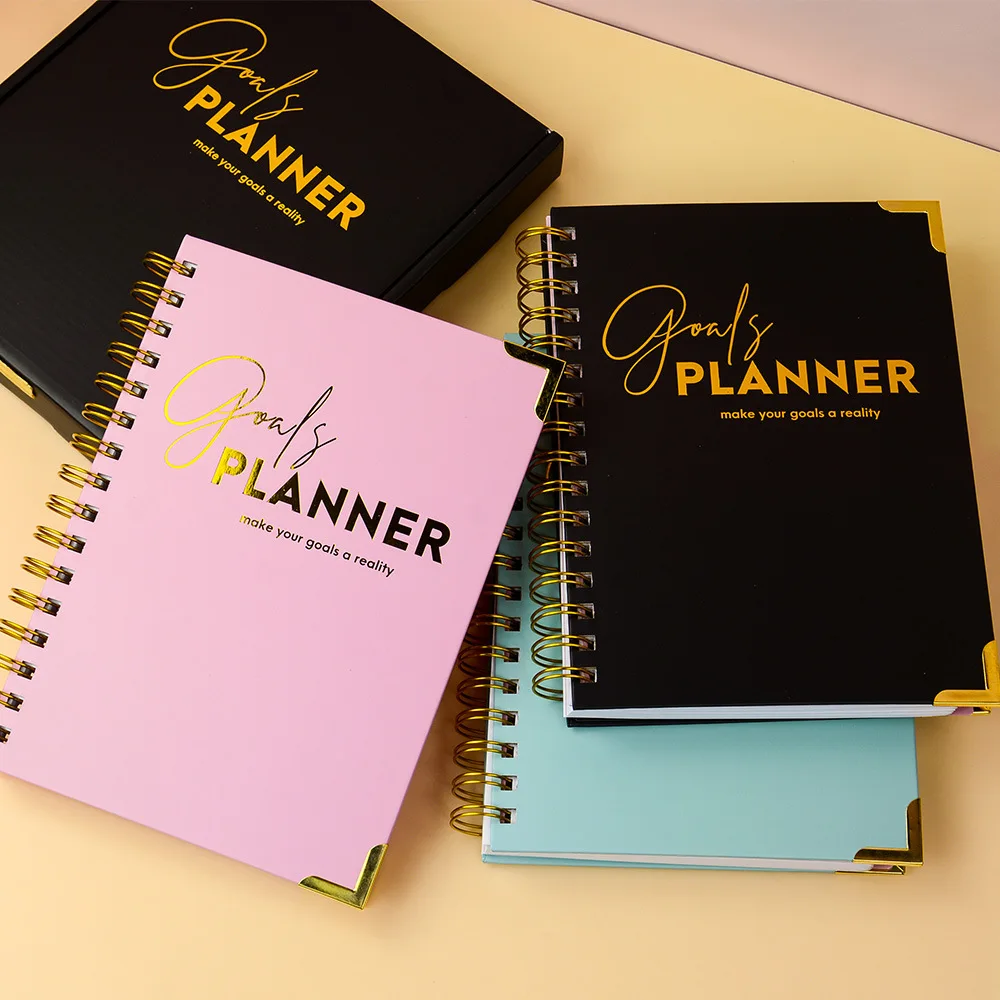 Custom 2025 A5 Black Spiral Weekly Wellness Goal Diary Journal Planner Notebook With Gift Box Set