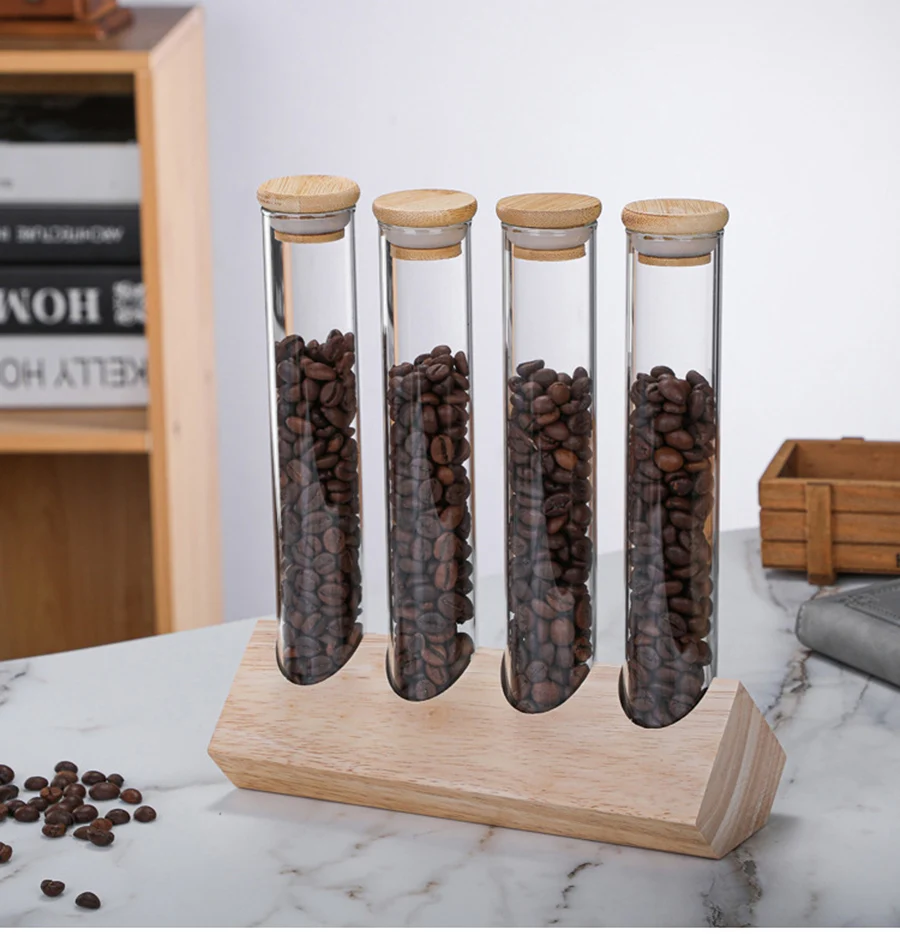 Glass Coffee Beans Storage Tubes Glass Jars with Airtight Lid with Wooden Base for Coffee Beans Tea Cereals