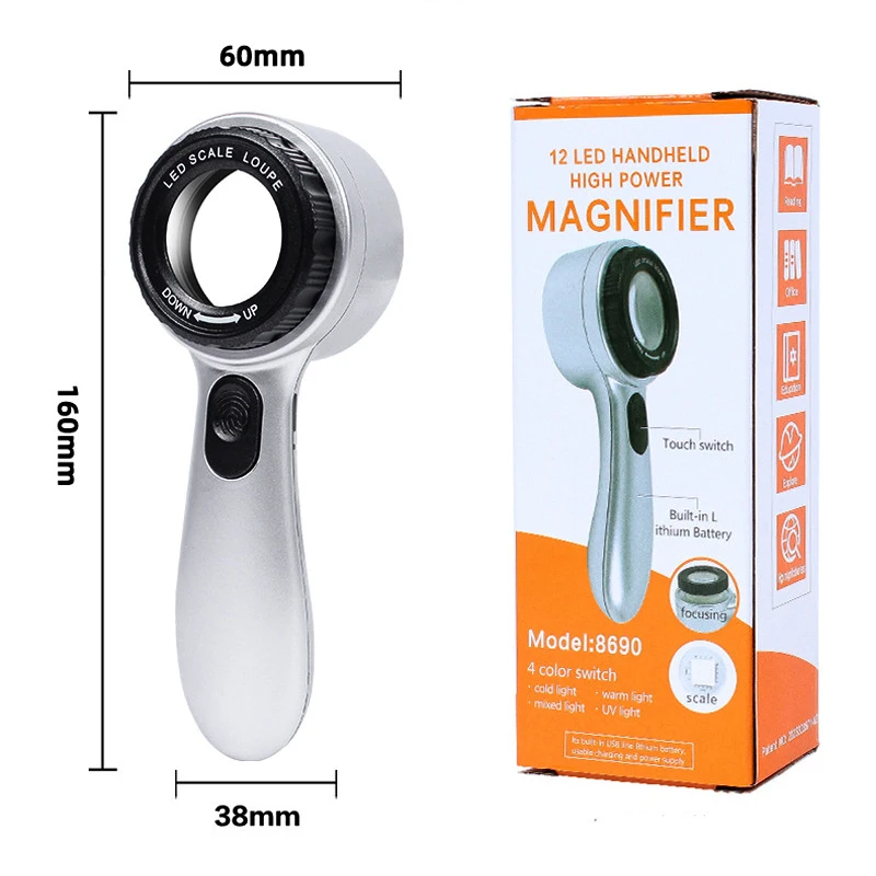 4Color LED Lights Source Cold white Warm Yellow UV Purple Lights Adjustable Focal Length 30X Charging Magnifier